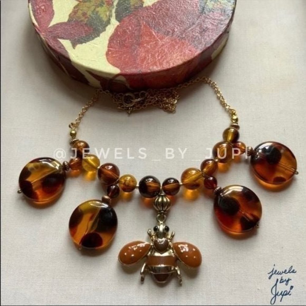 Handmade Upcycled Elegant Tortoise Print Bumble Bee Pendant Chain Necklace